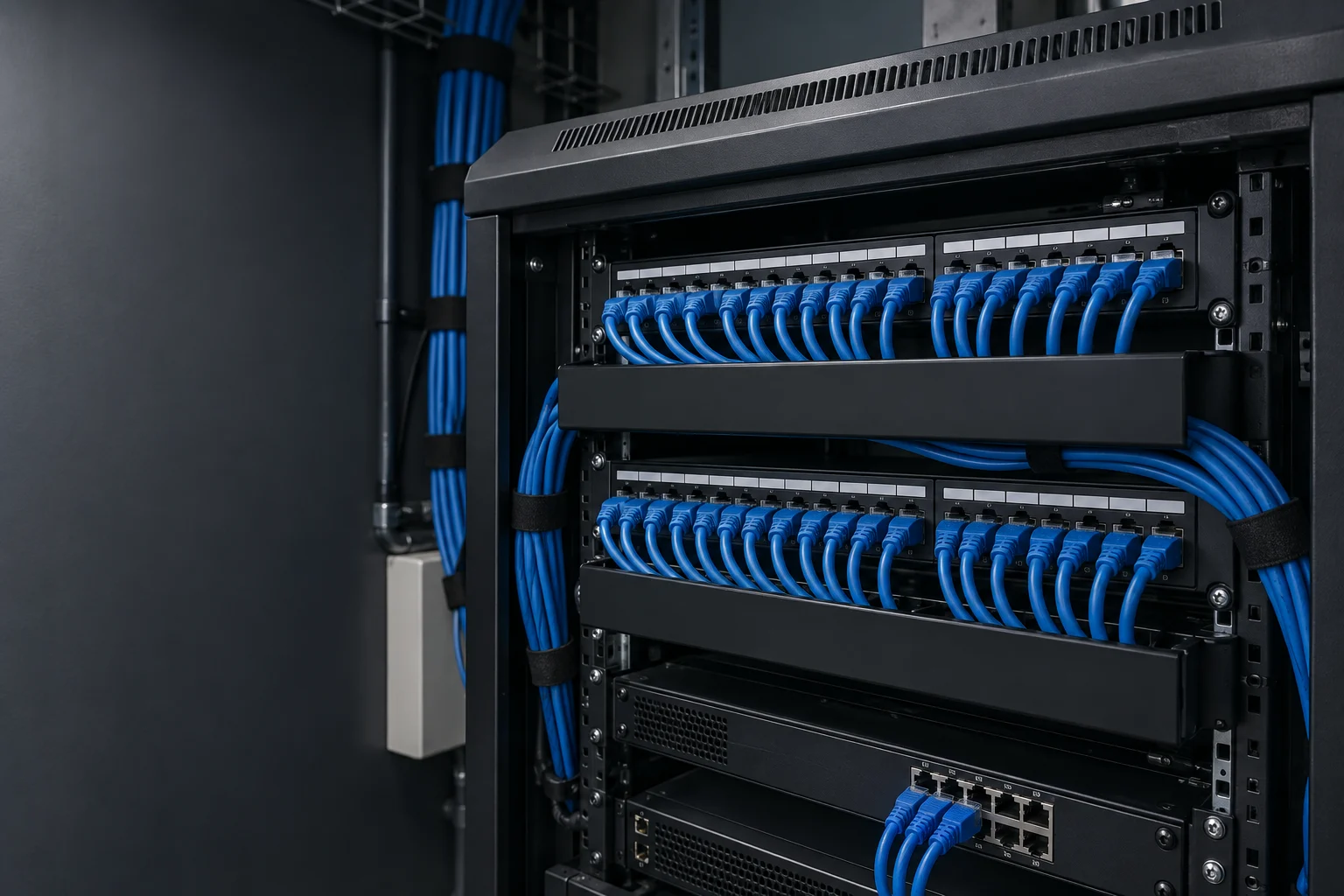 Professionally organised blue data cabling and network patch panels