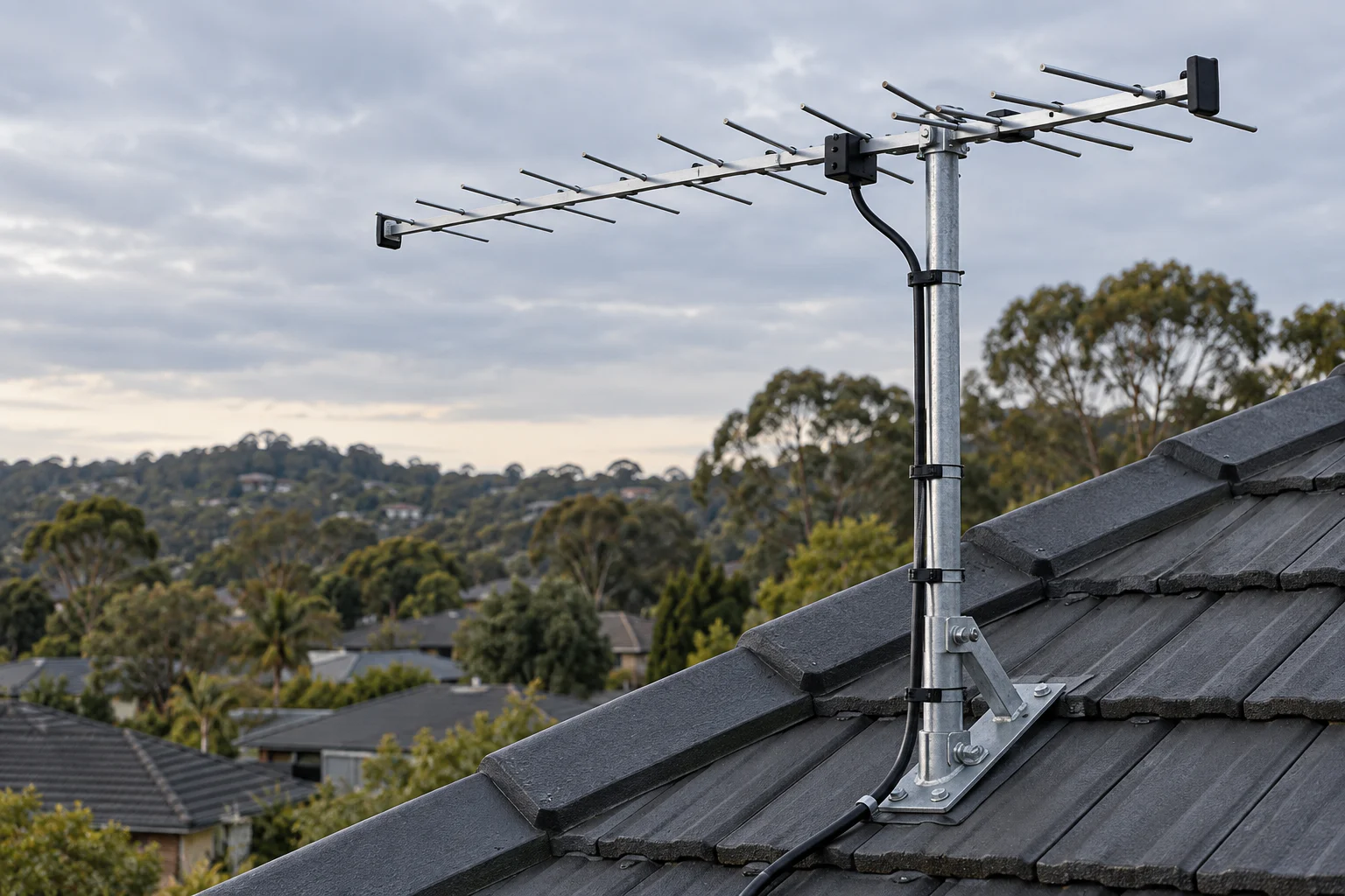 Digital TV antenna professionally mounted on a tiled roof in the Hills District
