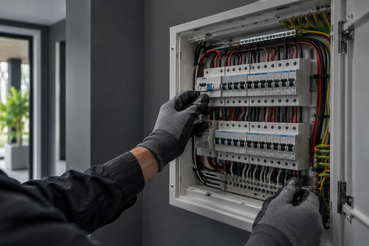 Electrician checking a modern residential switchboard in the Hills District