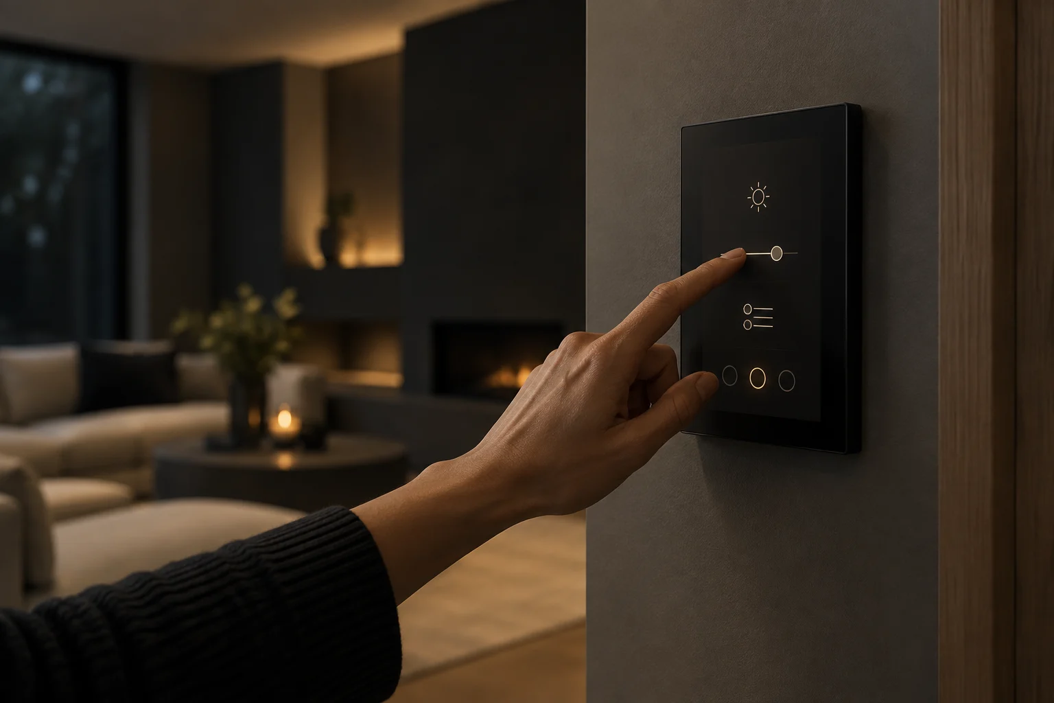 Hand adjusting a modern smart-home wall control in a contemporary home
