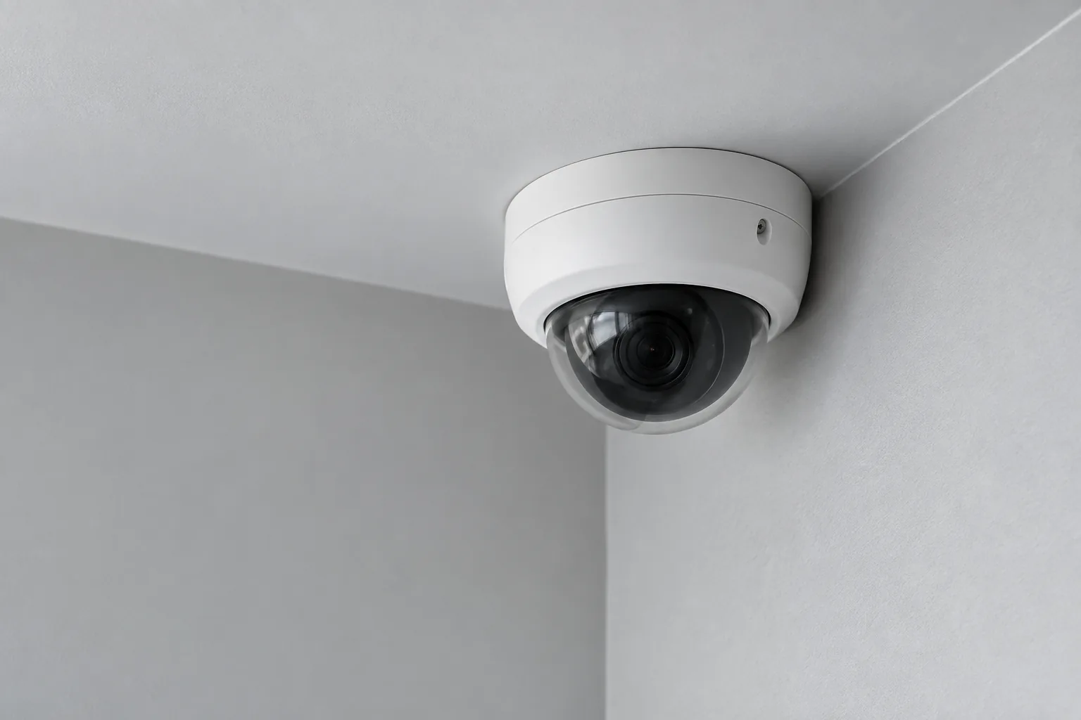 White dome CCTV camera mounted at a ceiling corner