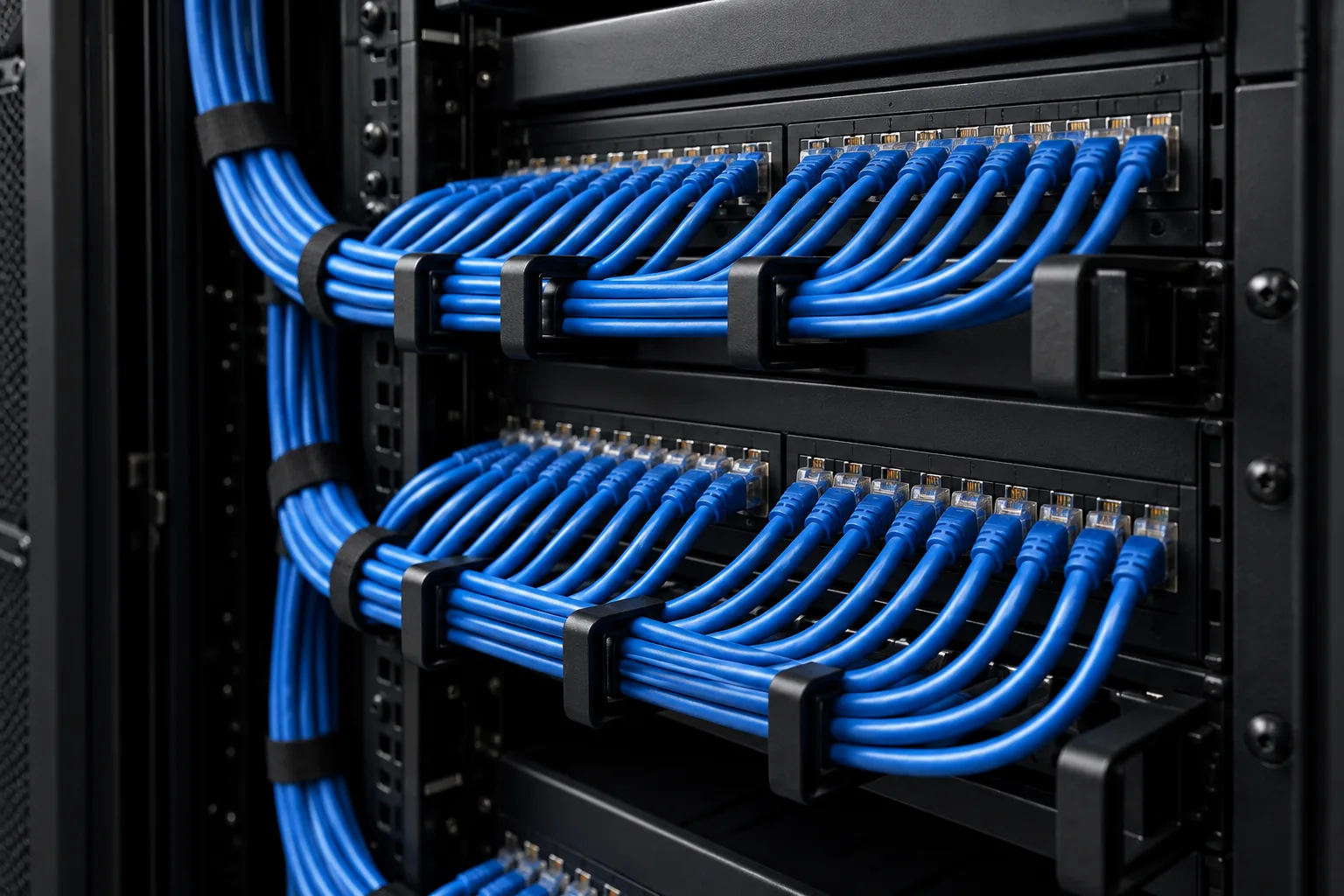 Professionally managed blue data cables in a network rack