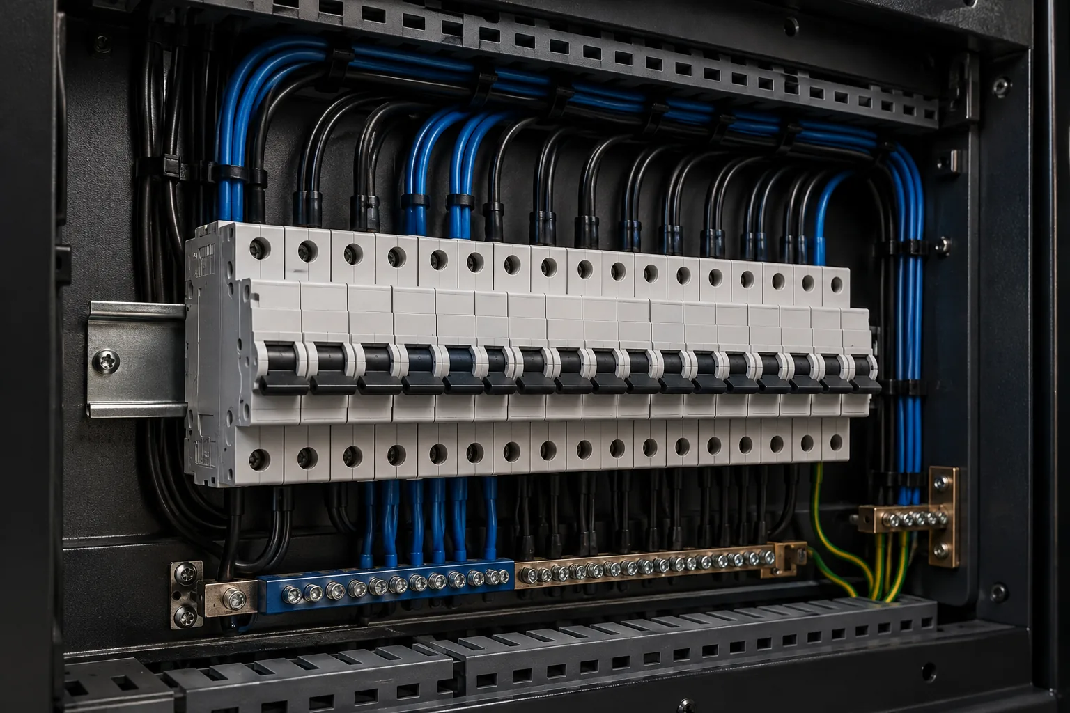 Neatly installed electrical switchboard and circuit breakers