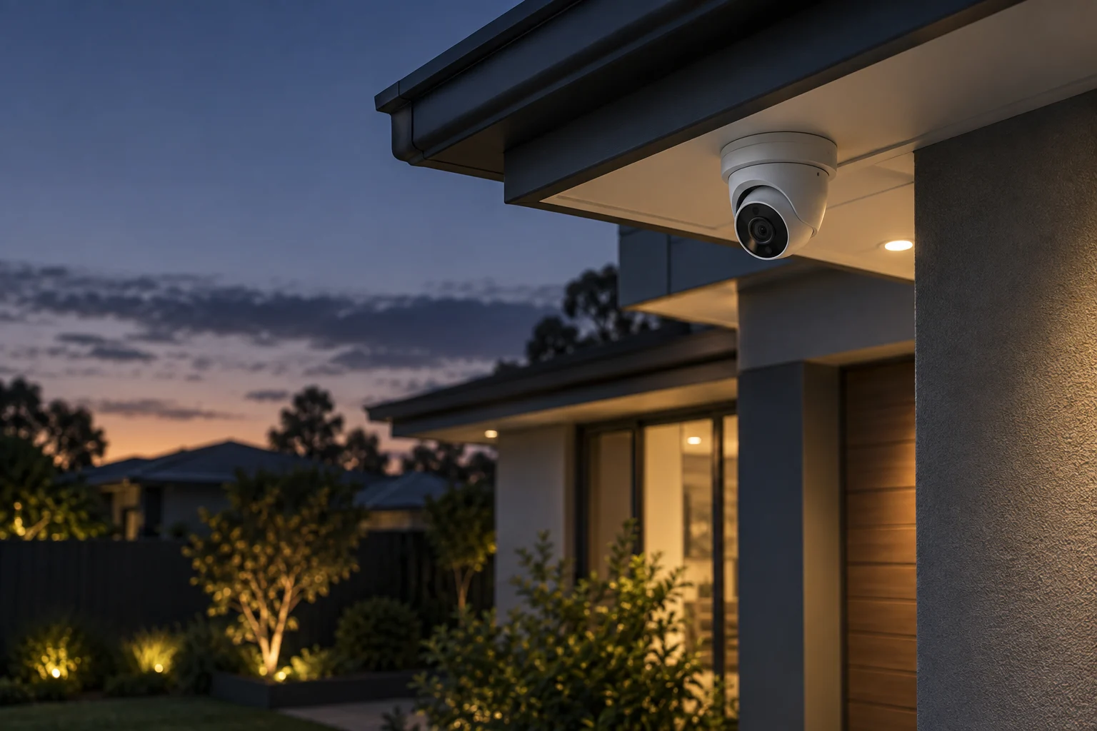 CCTV camera mounted beneath the eave of a contemporary Hills District home