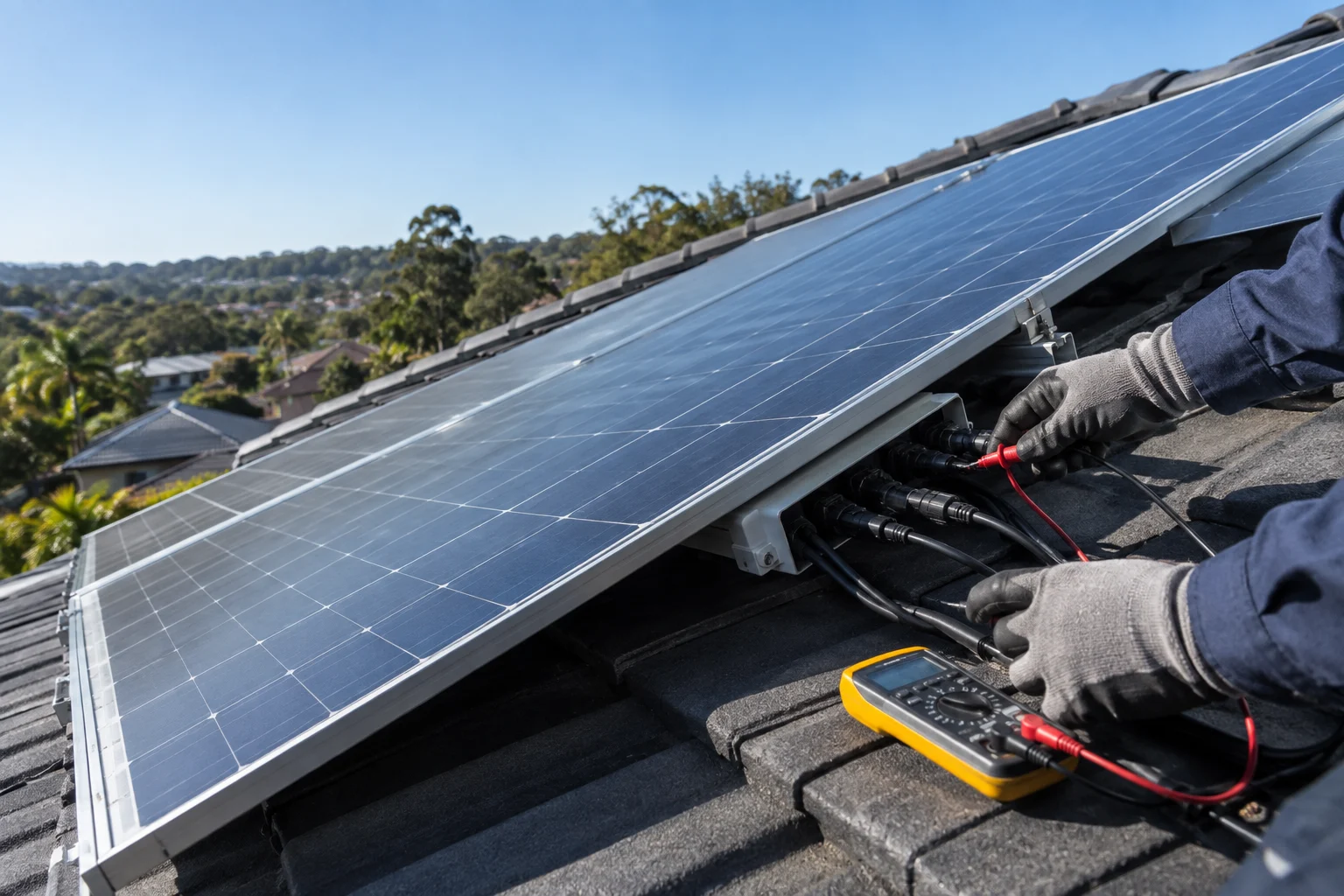Technician checking connections on an existing rooftop solar system