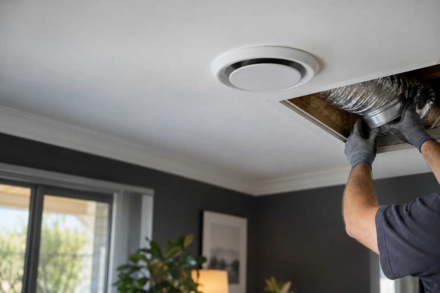 Residential ceiling ventilation system being installed in a contemporary home